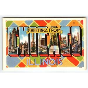 Greetings From Chicago Illinois 1930's Art Deco Large Letter Postcard Linen 30's